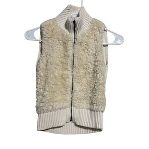 Gap Kids Cream Faux Fur Knit Zip Up Vest Mock Neck Ivory Girls Size M 8-9